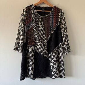 Ali Miles Tunic Top Artsy Boho Wearable Art Hippie Mixed Print Lace Womens L